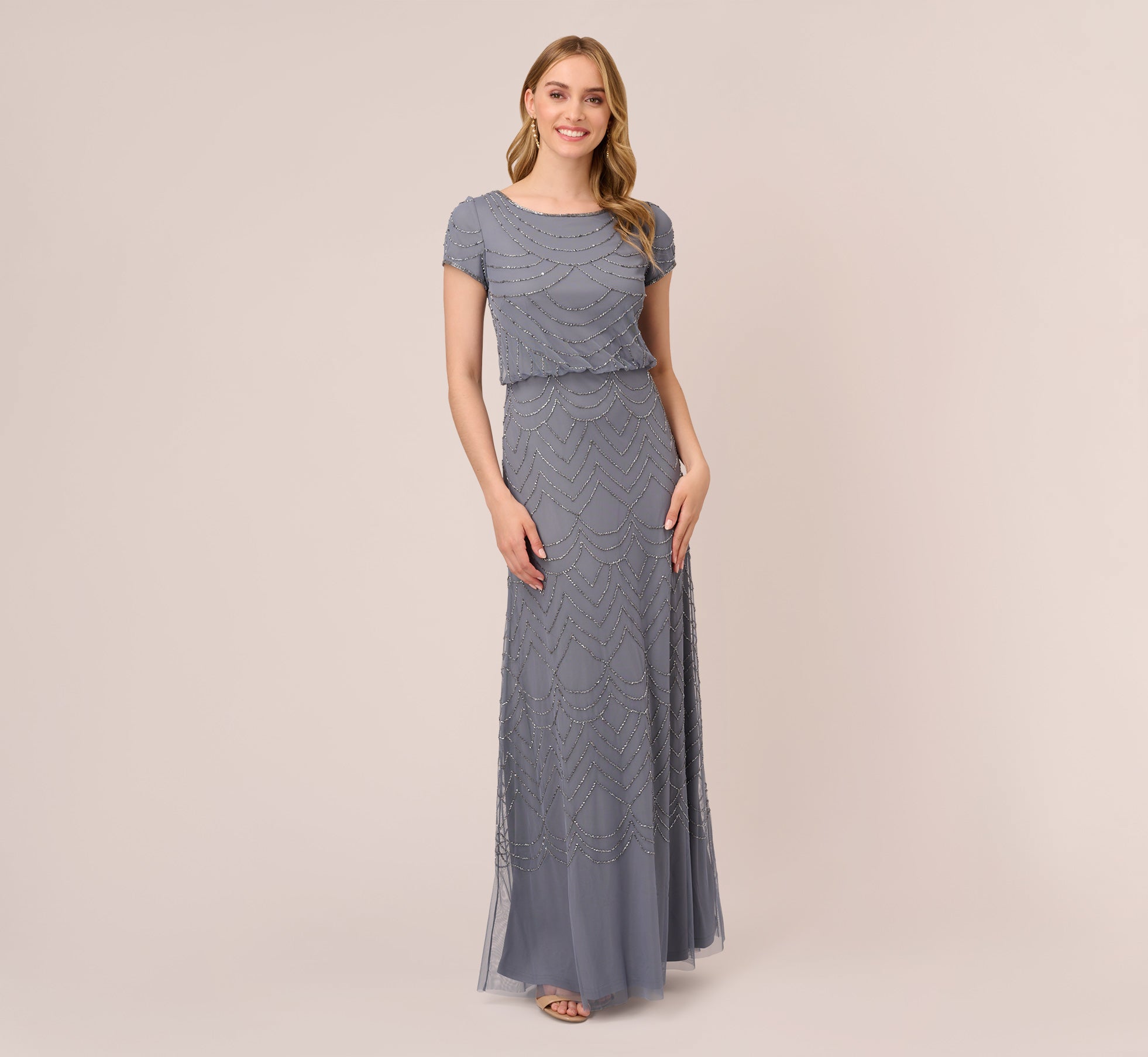 Romantic Blouson Sleeves Satin V-Neckline With High Slit Dress - Multi  Colors Available